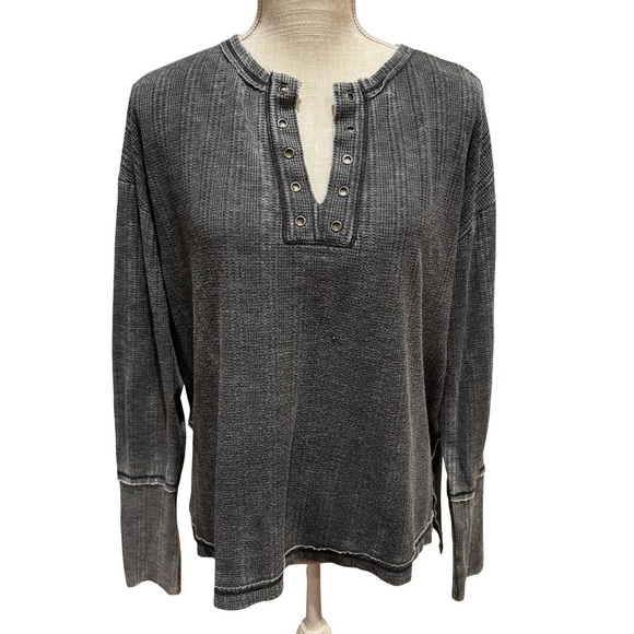 Project Social T Tops - Project Social T Oversized Charcoal Waffle Knit Long Sleeve Top